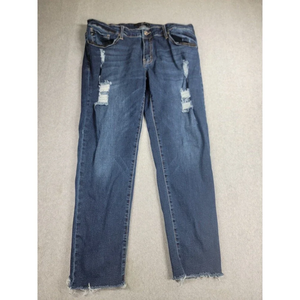 KanCan Jeans Womens XL 34x28 Straight Distressed Stretch Dark Blue Mid Rise City